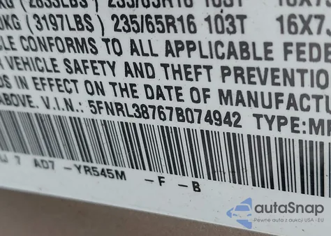 2007 Honda Odyssey Ex-L z USA, uszkodzony, nr VIN 5FNRL38767B074942